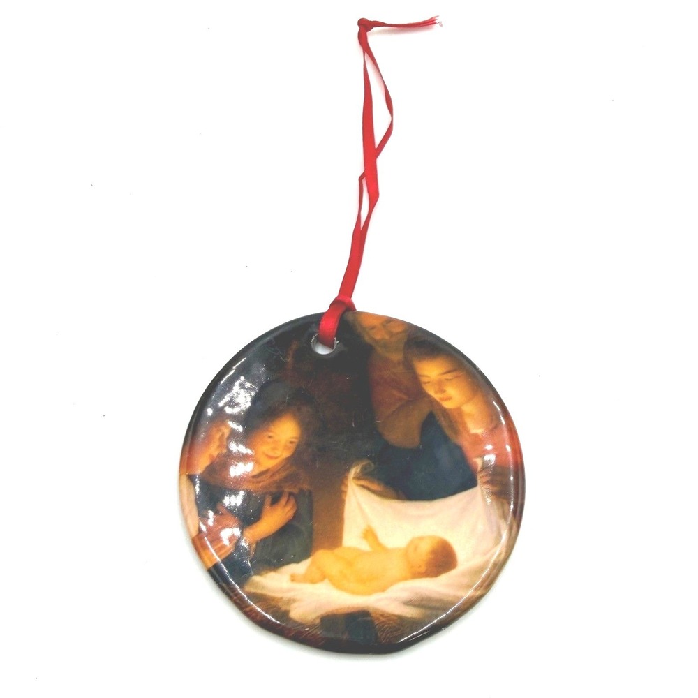 Religious Nativity‎ Scene Ceramic Round Christmas Ornament Baby Jesus 3 Inch